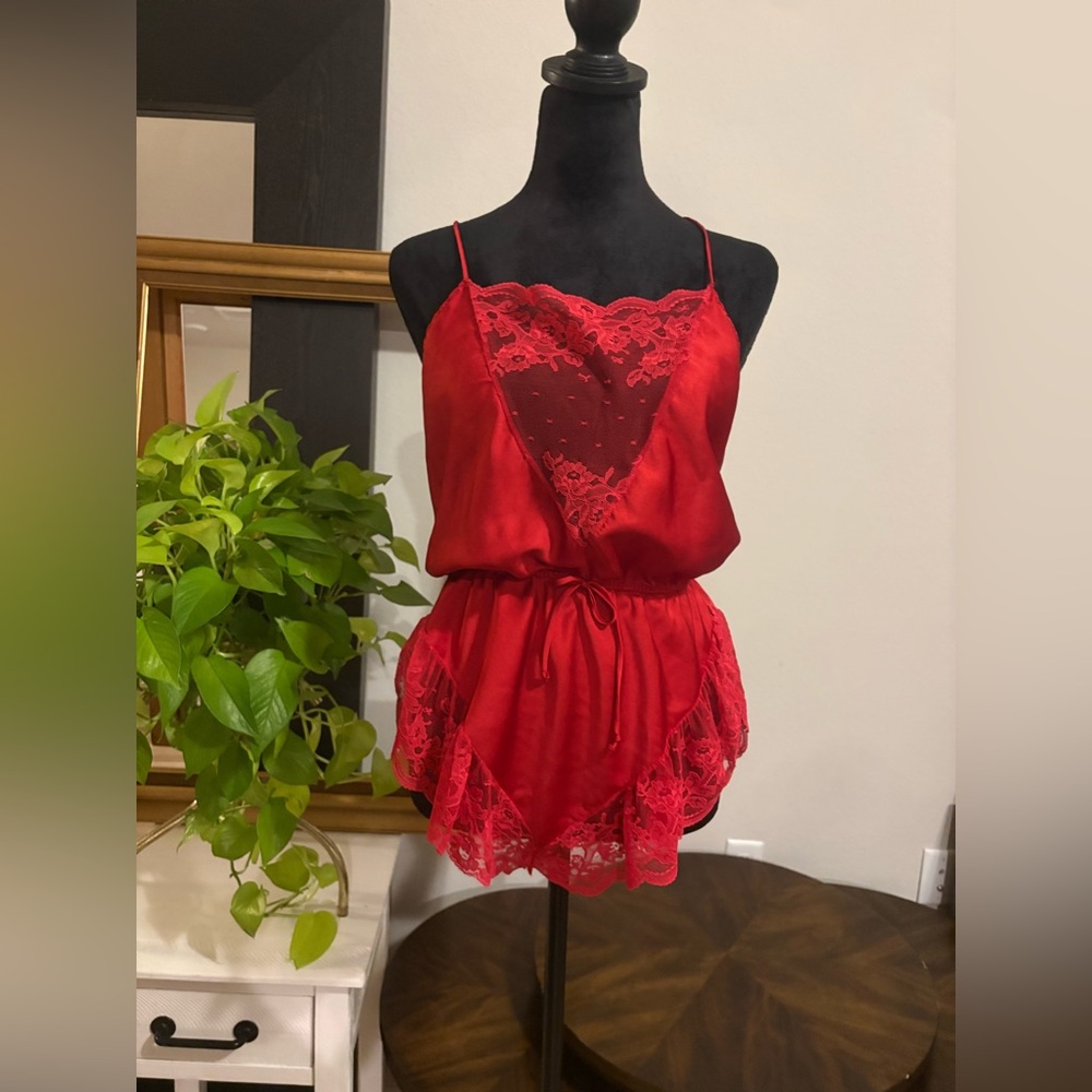 Vintage 80s Hot Red Silky Nylon Lace Teddy